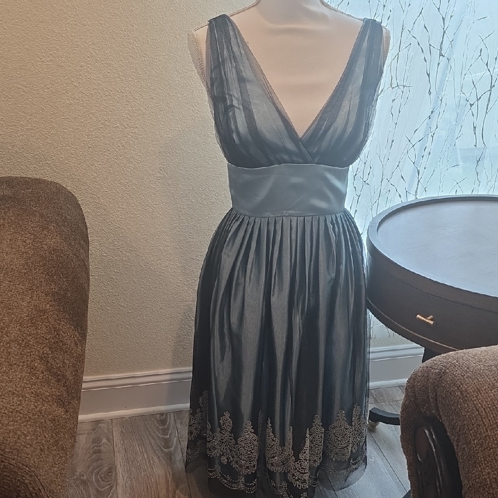 David's Bridal Black and Baby Blue Midi Dress
